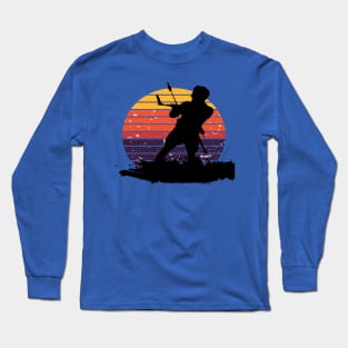 Kitesurfing Enthusiast Riding A Wave Silhouette Retro Sunset Long Sleeve T-Shirt